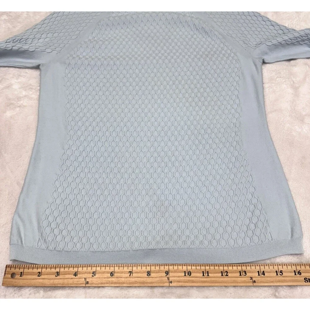 Per Se Women Light Blue Cotton Blend Textured Knit Short Sleeve Sweater Top Sz M